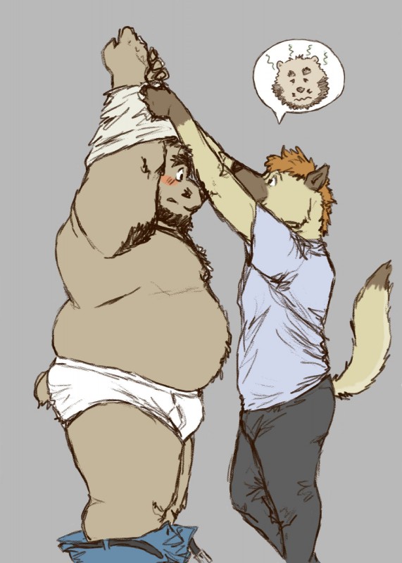 anthro assisted_exposure belly blush bottomwear briefs bulge butt clothing duo humanoid_hands male male/male overweight overweight_male pants shirt tighty_whities topwear underwear undressing white_briefs white_clothing white_underwear professor_fluff love_mechanic ena_(lm) tom_(lm) bear hyena mammal spotted_hyena 2019 hi_res