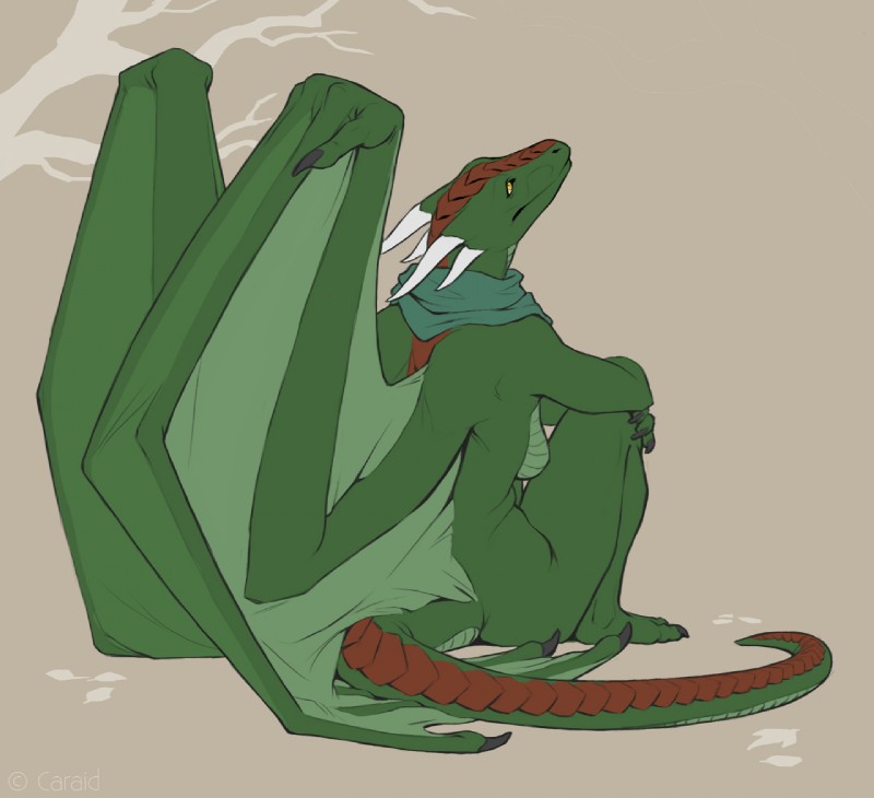 5_fingers anthro biped breasts female fingers green_body green_scales horn non-mammal_breasts scales scarf simple_background sitting solo tail wings yellow_eyes caraid european_mythology mythology arimah dragon mythological_creature mythological_scalie scalie western_dragon 2018 digital_media_(artwork)