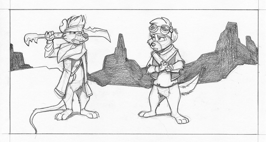 anthro barefoot buckteeth canyon clothed clothing coat desert duo eyewear feet goggles hands_clapsed holding_melee_weapon holding_object holding_sword holding_weapon kerchief male melee_weapon pantsless sword teeth toony topwear weapon wrap cirruskitfox mammal rodent graphite_(artwork) monochrome pencil_(artwork) traditional_media_(artwork)