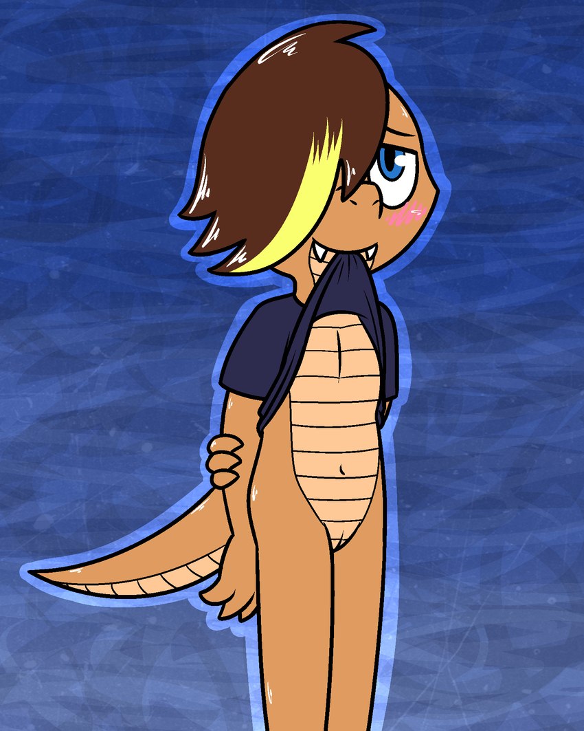 animal_genitalia anthro bottomless clothed clothing clothing_lift genital_slit genitals hair male shirt shirt_lift solo topwear young pokefound da_silva gordon_(pokefound) colubrid corn_snake lampropeltini rat_snake reptile scalie snake hi_res