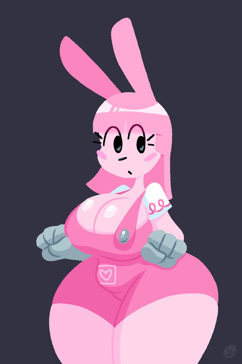 anthro big_breasts black_eyes blush blush_stickers breasts clothed clothing eyelashes female fur gloves grey_clothing grey_gloves grey_handwear hair handwear huge_breasts overalls pink_body pink_clothing pink_fur pink_hair pink_overalls purple_background shirt simple_background solo thick_thighs topwear white_clothing white_shirt white_topwear wide_hips jjoyplus wow!_wow!_wubbzy! widget lagomorph leporid mammal rabbit 2:3 hi_res