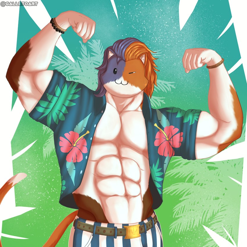 abs aloha_shirt anthro blinking bracelet clothing flexing flexing_bicep hair happy jewelry male muscular muscular_anthro muscular_male pattern_clothing pattern_shirt pattern_topwear pecs shirt solo topwear galletoart epic_games fortnite meowscles purradise_meowscles calico_cat domestic_cat felid feline felis humanoid mammal 1:1 absurd_res hi_res