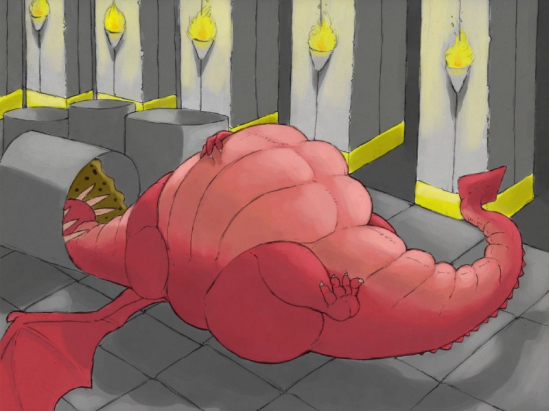 ambiguous_gender belly big_belly claws feral fire food hand_on_belly inside lying membrane_(anatomy) membranous_wings nude obese obese_ambiguous obese_feral on_back overweight overweight_ambiguous overweight_feral pink_body pink_scales pink_skin scales solo spikes tail thick_tail toe_claws wings arkveveen_(artist) dreamworks mythology shrek_(series) dragon_(shrek) dragon mythological_creature mythological_scalie scalie 2010