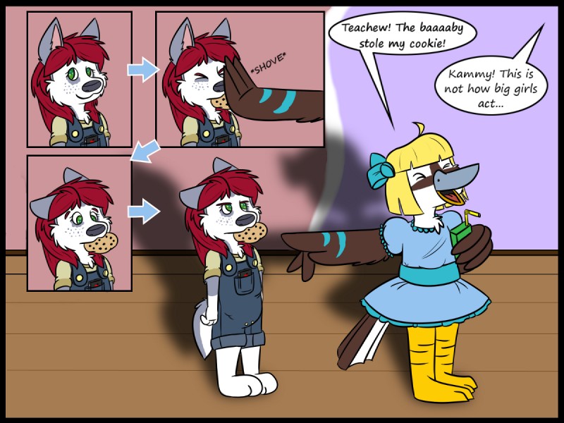 age_regression anthro black_border border bully bullying clothed clothing cookie daycare dialogue duo eyes_closed female food fur green_eyes hair inside open_mouth red_hair speech_bubble text toddler young young_anthro young_female kammypup_(artist) runt_(artist) kammypup avian bird canid canine canis coraciiform domestic_dog husky kingfisher kookaburra mammal nordic_sled_dog spitz 4:3 artist_collaboration comic english_text