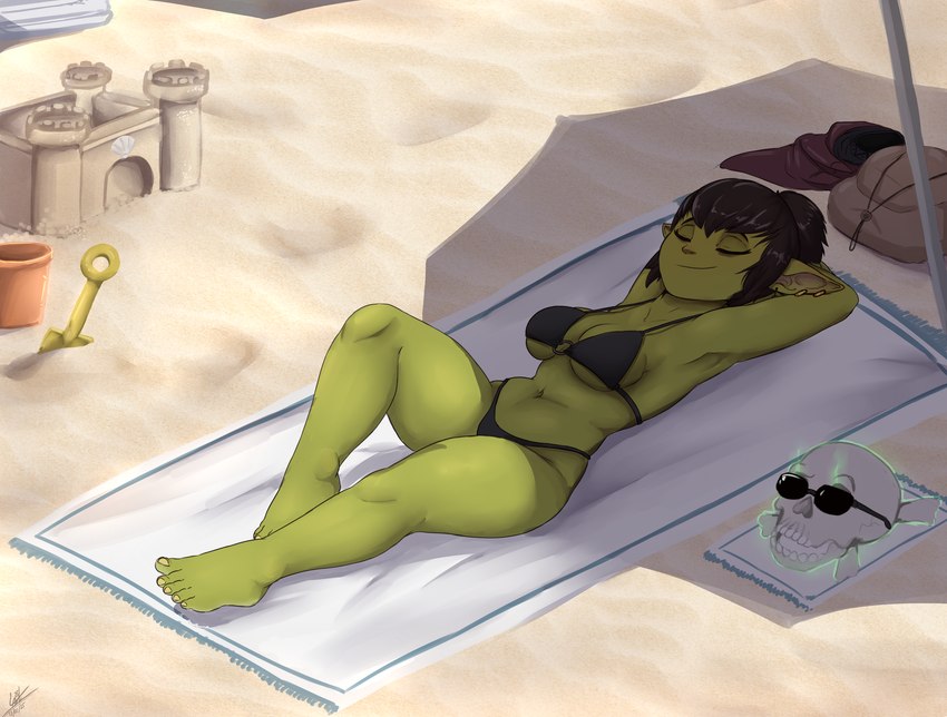 beach bikini bikini_bottom bikini_top brown_hair clothing duo ear_piercing eyes_closed eyewear female green_body green_skin hair hair_bun not_furry piercing sand_castle sculpture sunbathing sunglasses swimwear towel two-piece_swimsuit umbrella louart nezzah_(the7thprimarch) goblin humanoid undead absurd_res hi_res