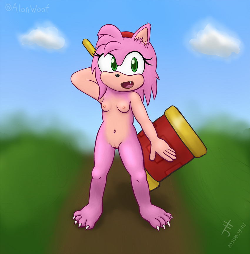 anthro barefoot biped breasts casual_nudity claws clitoris fangs feet female fur genitals green_eyes hair hammer looking_at_viewer melee_weapon navel nipples nude open_mouth pink_body pink_hair pussy simple_background smile solo standing teeth toe_claws toes tongue tools weapon alonwoof sega sonic_the_hedgehog_(series) amy_rose eulipotyphlan hedgehog mammal digital_media_(artwork) hi_res