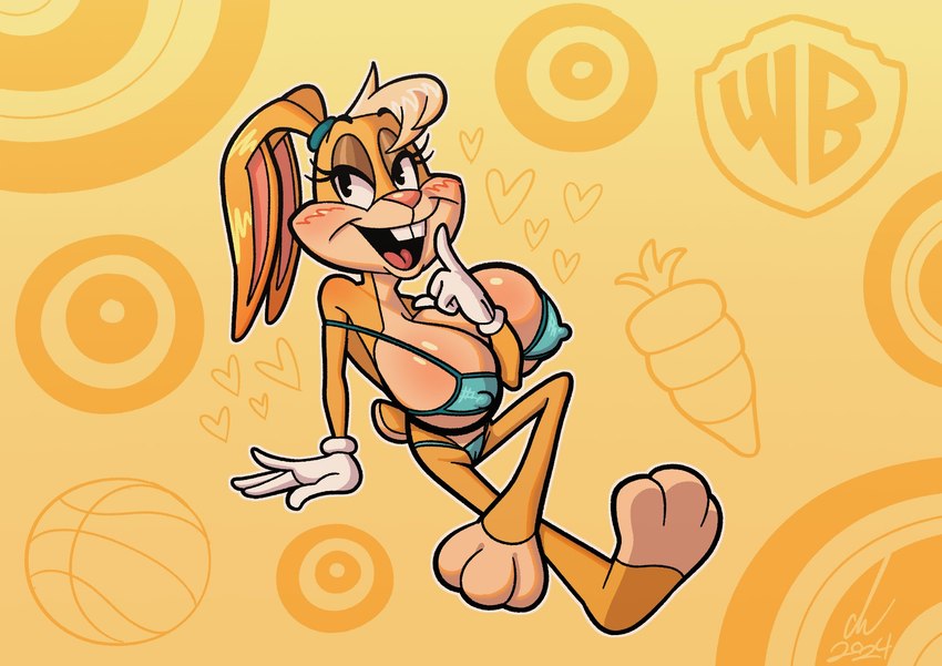 accessory anthro big_breasts big_feet bikini breasts buckteeth clothing erect_nipples feet female floppy_ears gloves hair_accessory hair_tie handwear huge_breasts long_lashes nipples scut_tail short_tail solo swimwear tail teeth two-piece_swimsuit classica_p looney_tunes warner_brothers lola_bunny lagomorph mammal hi_res