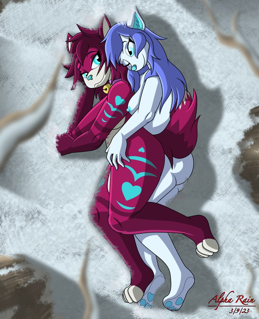 anthro breasts butt cuddling duo female female/female hair nipples nude plant snow spooning tree alpha_rain domestic_cat felid feline felis mammal 2023 absurd_res hi_res