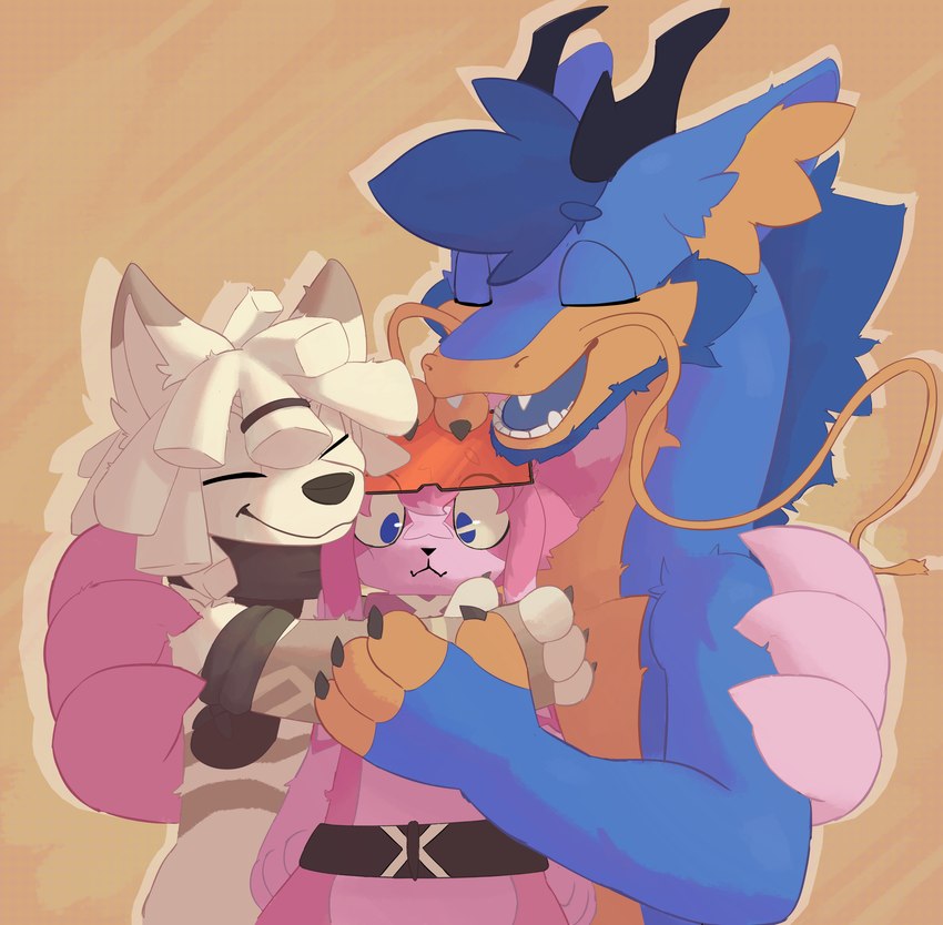 anthro big_hair blue_body blue_eyes blue_fur blue_hair dragon_horn eyewear fur glasses group hair horn hug long_whiskers male male/male pink_body pink_fur pink_hair pink_tail scarf simple_background tail trio whiskers white_body white_fur white_hair pinkweirdcake puuverart respdragon mythology chuchu_(pinkweirdcake) puuver respy_the_dragon canid canine canis dragon eastern_dragon felid feline mammal mythological_creature mythological_scalie scalie wolf absurd_res half-length_portrait hi_res portrait