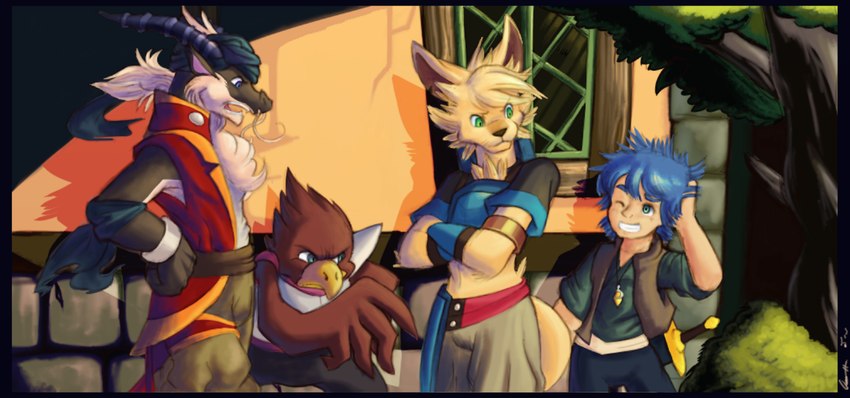 anthro armor clothing crop_top group male midriff shirt tail topwear dahecksajerry mythology avian bird canid canine dragon human mammal mythological_creature mythological_scalie scalie