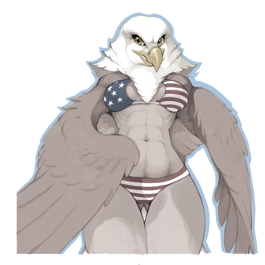 abs american_flag american_flag_bikini anthro beak biceps bikini biped bottomwear bra breasts brown_body brown_feathers cleavage clothed clothing curvy_figure eyelashes feathered_wings feathers female flag flag_bikini flag_clothing flag_print flag_swimwear front_view fully_clothed hourglass_figure looking_at_viewer midriff multicolored_body multicolored_feathers muscular muscular_anthro muscular_female navel non-mammal_breasts print_bikini print_clothing print_swimwear simple_background skimpy solo swimwear tail tail_feathers thick_thighs topwear two-piece_swimsuit two_tone_body two_tone_feathers underwear united_states_of_america white_background white_body white_feathers white_tail wide_hips wings yellow_beak yellow_eyes foxmode american_eagle accipitrid accipitriform avian bald_eagle bird eagle sea_eagle 1:1 2020 digital_media_(artwork) hi_res portrait signature three-quarter_portrait