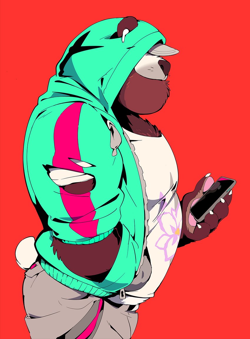 anthro barazoku beard belly big_belly big_butt big_pecs butt cellphone clothing drawstring electronics facial_hair hand_in_pocket hat_over_eyes holding_object holding_phone hoodie male musclegut muscular obscured_eyes overweight overweight_anthro overweight_male pawpads paws pecs phone pockets red_background shirt side_view simple_background smartphone solo tail topwear torn_hoodie super-tuler airpods tairu bear giant_panda mammal 2019 absurd_res digital_media_(artwork) hi_res shaded