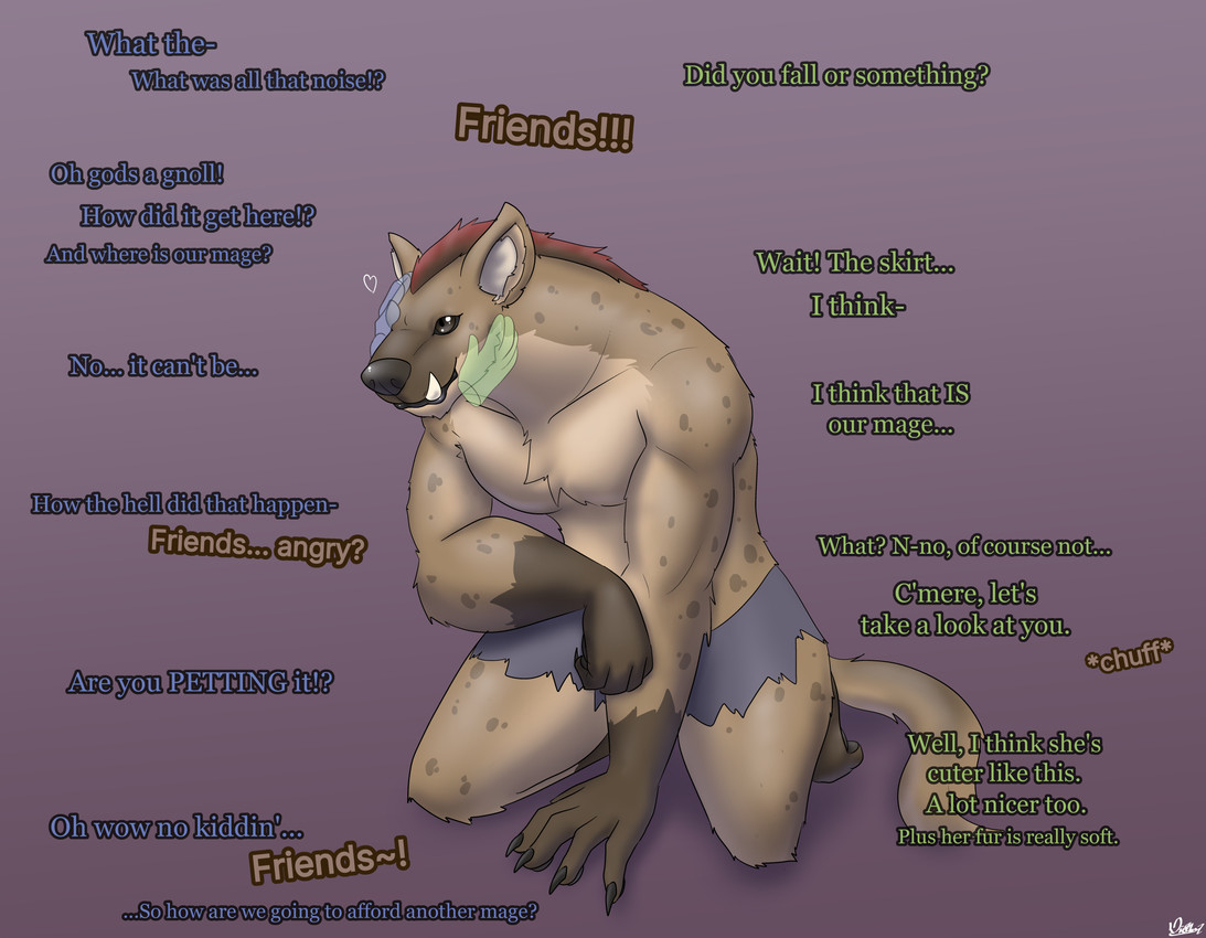 accidental_transformation after_transformation ambiguous_gender anthro black_spots bottomwear brown_body brown_eyes brown_fur claws clothing dialogue digitigrade fangs female_to_ambiguous finger_claws fur growth human_to_anthro identity_death intelligence_loss magic_user offscreen_character petting simple_background sitting sitting_on_ground skirt solo species_transformation spots teeth text transformation transformation_sequence witch diethyl gnoll human hyena mammal spotted_hyena absurd_res english_text hi_res