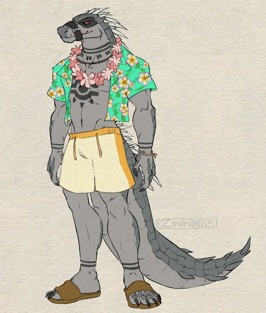 aloha_shirt anthro claws clothing flower_necklace footwear male mask mouth_strap pattern_clothing pattern_shirt pattern_topwear red_eyes sandals shirt shoes solo spikes swimming_trunks swimwear tattoo topwear zinthings dislyte lilith_games daylon_(dislyte) crocodile crocodilian reptile scalie