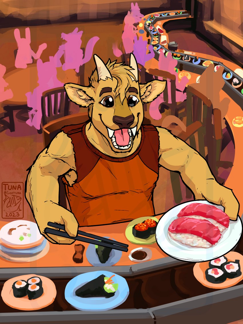 anthro brown_eyes chopsticks conveyor_belt_sushi fangs food fur horn male meat restaurant sashimi sleeveless_shirt solo sushi teeth yellow_body yellow_fur goatuna dj_strap cervine deer mammal muntjac 3:4 hi_res