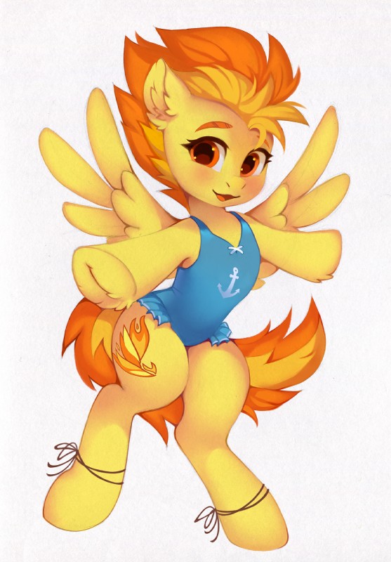 blush clothed clothing cutie_mark eyebrows eyelashes feathered_wings feathers female feral fur hair hooves inner_ear_fluff looking_at_viewer multicolored_hair on_one_leg one-piece_swimsuit open_mouth open_smile orange_eyes orange_hair short_hair simple_background smile solo spread_wings standing swimwear tongue tuft two_tone_hair underhoof white_background wings yellow_body yellow_feathers lispp friendship_is_magic hasbro my_little_pony mythology spitfire_(mlp) wonderbolts_(mlp) equid equine mammal mythological_creature mythological_equine pegasus 2018 hi_res