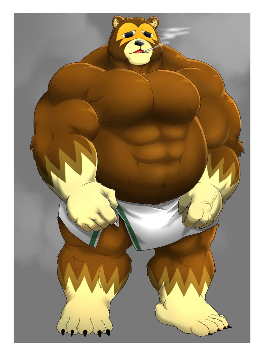 anthro barazoku border brown_body brown_fur fur humanoid_hands kemono male musclegut muscular muscular_male smoking solo towel white_border shillon0610 animal_crossing nintendo ike_(animal_crossing) bear mammal 2021 hi_res