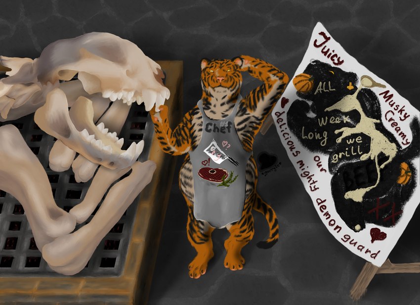 anthro bone death duo grill holding_skull male male/male size_difference skeleton smaller_pred tooth_grab vore willing_snuff rhymald rhymald_(rhymald) felid mammal pantherine tiger absurd_res hi_res