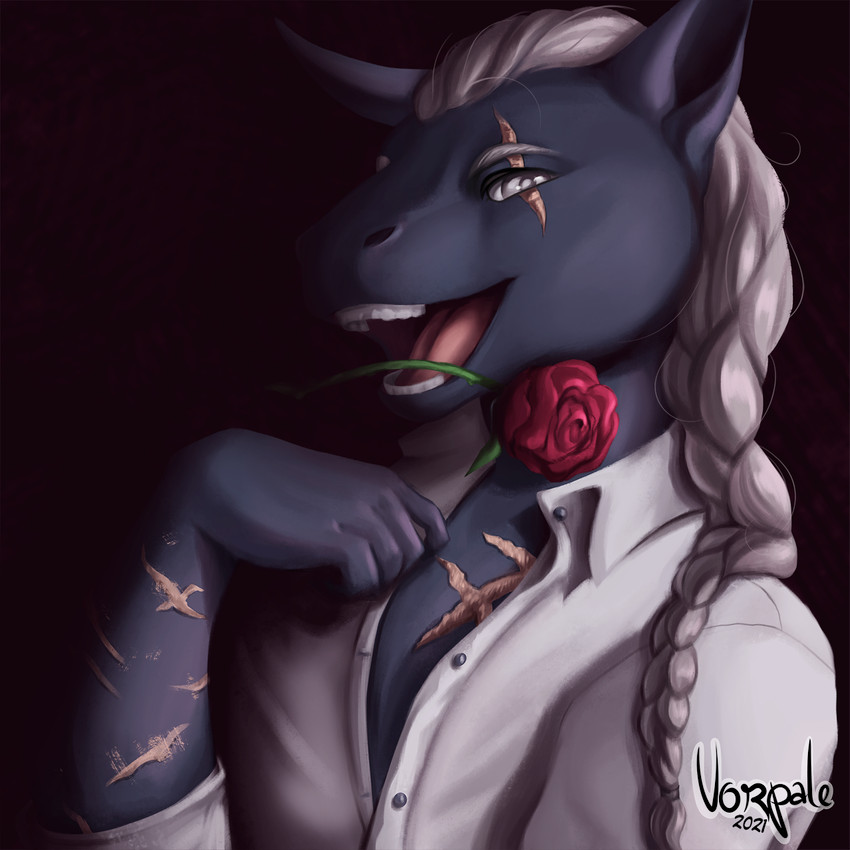 anthro bedroom_eyes clothing dominant dominant_male flower flower_in_mouth fur hair half-closed_eyes long_hair looking_at_viewer male narrowed_eyes open_mouth plant pose rose_(flower) rose_in_mouth scar seductive simple_background smile solo vorpale biers equid equine horse mammal pony 1:1 2021 hi_res pinup