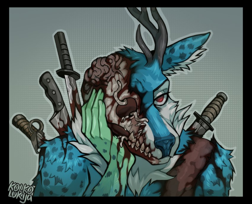 anthro antlers beetles blade blood blue_body bodily_fluids bone brain decomposition exposed_organs gore grey_antlers horn knife larva male organs red_eyes rotting skull solo weapon wounded kolkolukija kiba_(kibanashote) arthropod deer insect invertebrate mammal undead worm zombie bust_portrait hi_res portrait