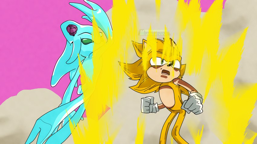 ambiguous_gender anthro attack_pose aura blue_body clothing cloud duo fur gloves green_eyes handwear male not_furry parody pink_sky screencap_redraw screenshot_redraw simple_background sky water yellow_body yellow_fur mishellyuser dragon_ball dragon_ball_z sega sonic_adventure sonic_the_hedgehog_(series) chaos_(sonic) sonic_the_hedgehog elemental_creature elemental_humanoid eulipotyphlan hedgehog humanoid mammal water_creature water_humanoid 16:9 2025 colored digital_drawing_(artwork) digital_media_(artwork) shaded signature watermark widescreen