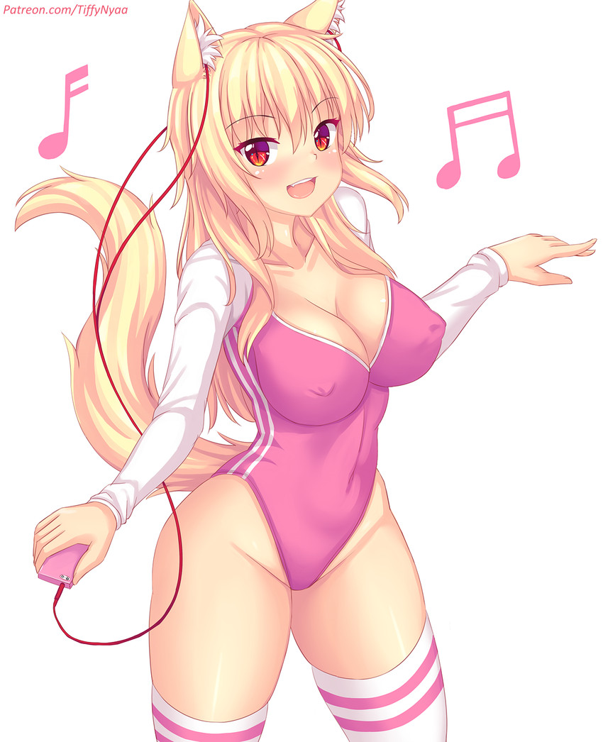 5_fingers alternative_fashion amber_eyes blonde_hair breasts cleavage clothed clothing earbuds electronics female fingers gyaru hair headphones holding_object inner_ear_fluff j-fashion knee_highs legwear leotard long_hair looking_at_viewer monotone_earbuds monotone_headphones multicolored_clothing musical_note musical_symbol nipple_outline pink_clothing pupils red_earbuds red_headphones simple_background slit_pupils solo symbol text tuft two_tone_clothing white_background white_clothing y2k_(fashion) fastrunner2024 tiffy_(fastrunner2024) animal_humanoid felid felid_humanoid humanoid mammal mammal_humanoid 2020 digital_media_(artwork) hi_res shaded url