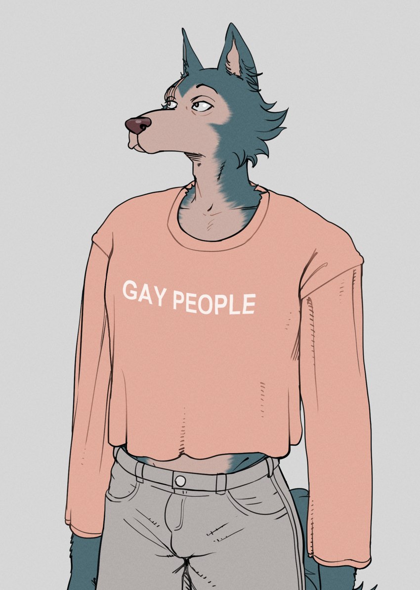 anthro bottomwear clothed clothing fur humor male neutral_expression pants scar shirt solo standing text topwear smagma beastars legoshi_(beastars) canid canine canis mammal wolf english_text hi_res