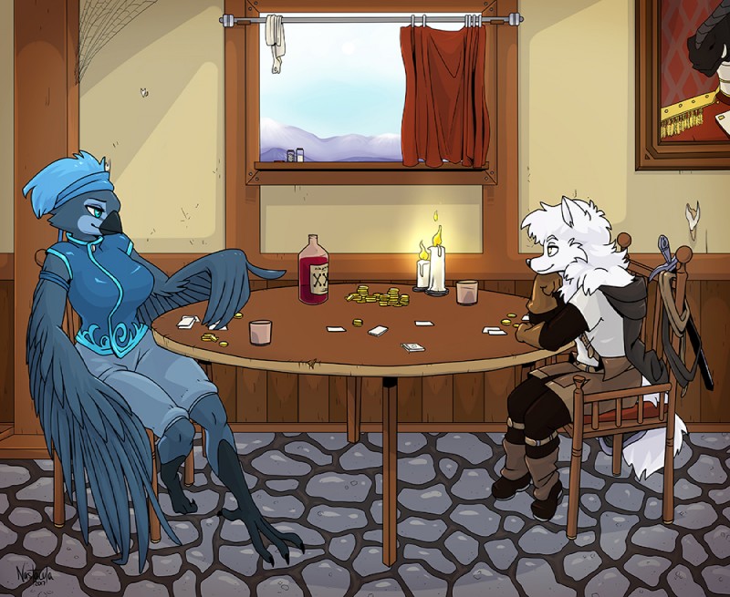 alcohol anthro beak beverage big_breasts blue_eyes bottle breasts candle card chair clothed clothing coin container curtains duo exposure_variation feathers feet female fire fur furniture gold_(metal) gold_coin hair inside larger_female lit_candle male melee_weapon mountain outside playing_card sitting size_difference sky smaller_male smile strip_poker sword table talons toes weapon window wings nastacula julia_autio avian bird canid canine canis domestic_dog mammal digital_media_(artwork)