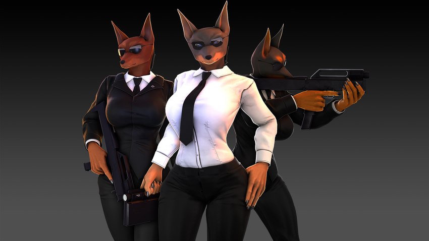 5_fingers anthro black_body black_fur black_nose bottomwear breasts brown_body brown_fur clothed clothed_anthro clothed_female clothing collared_shirt dress_shirt duo eyewear female fingers fur group gun humanoid_hands multicolored_body multicolored_fur necktie pants ranged_weapon rifle shirt suit sunglasses topwear trio two_tone_body two_tone_fur weapon petruz petruz_(modeler) dobermann_(petruz) canid canine canis dobermann domestic_dog mammal pinscher 16:9 2024 3d_(artwork) digital_media_(artwork) hi_res source_filmmaker_(artwork) widescreen