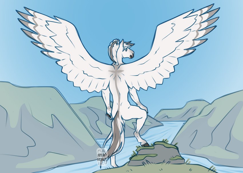 anthro black_hooves casual_nudity feathered_wings feathers fjord fur green_eyes grey_markings hooves male mane markings multicolored_mane nude outside smile solo tail text two_tone_mane two_tone_tail white_body white_feathers white_fur white_tail wings a-pony mythology zephyr_(shgold) draft_horse equid equine fjord_horse horse mammal mythological_creature mythological_equine pegasus 2022 dated digital_drawing_(artwork) digital_media_(artwork) english_text hi_res signature