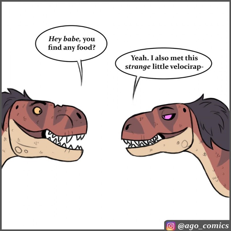 ambiguous_gender dialogue duo feral open_mouth sharp_teeth speech_bubble teeth text pet_foolery roxy_the_t-rex dinosaur prehistoric_species reptile scalie theropod tyrannosaurid tyrannosauroid tyrannosaurus tyrannosaurus_rex 1:1 english_text