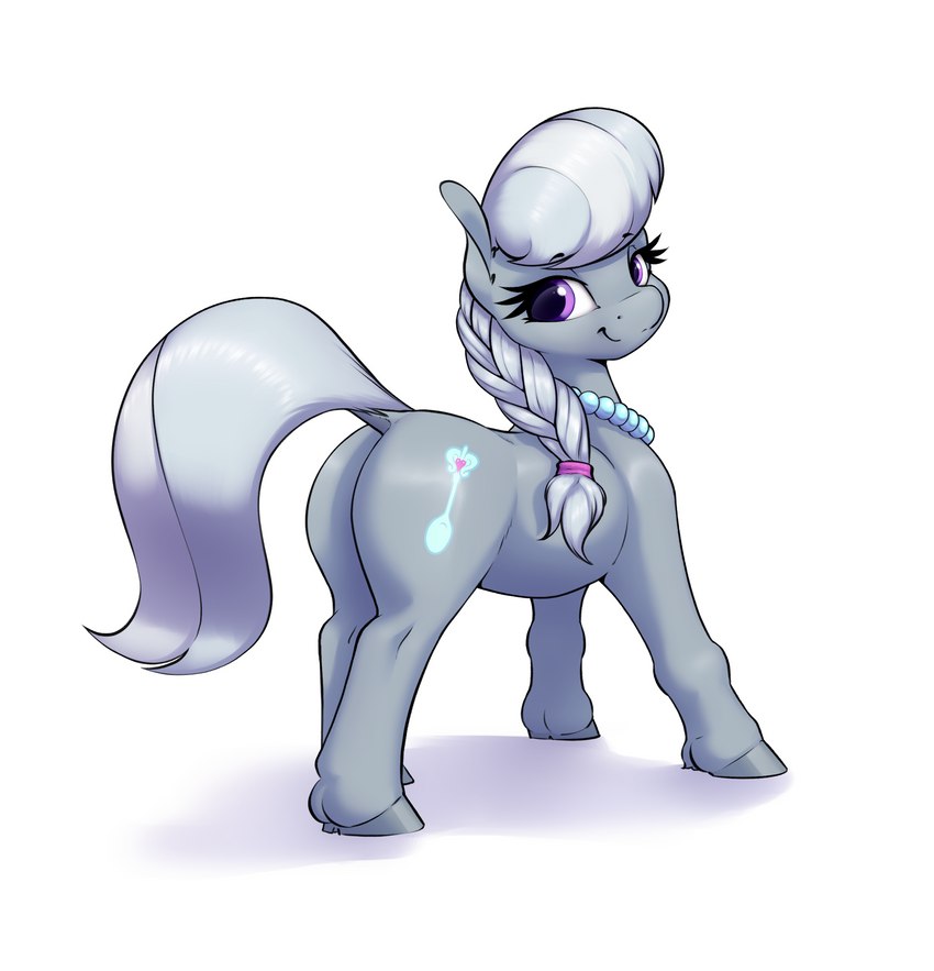 butt cutie_mark dock_(anatomy) eyebrow_through_hair eyebrows female feral hair hooves jewelry looking_at_viewer looking_back necklace solo tail translucent translucent_hair aquaticvibes friendship_is_magic hasbro my_little_pony silver_spoon_(mlp) earth_pony equid equine horse mammal pony hi_res