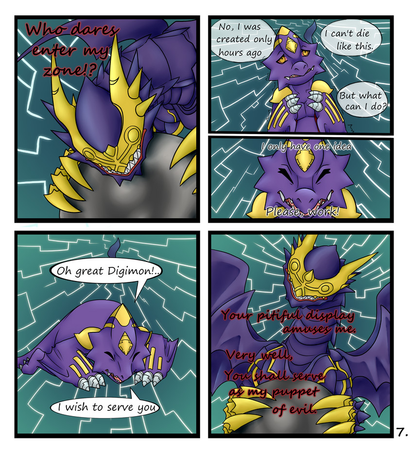 begging dialogue male solo text p.v.su vee_stitch bandai_namco digimon digimon_(species) lucemon monodramon absurd_res comic english_text hi_res