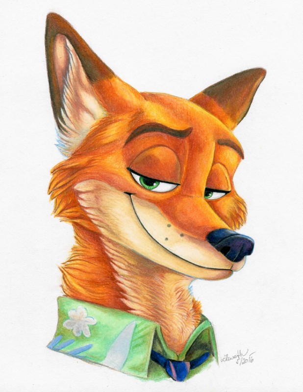 anthro black_nose brown_eyebrows clothed clothing dipstick_ears ear_markings eyebrows fur green_eyes happy inner_ear_fluff male multicolored_ears necktie orange_body orange_fur shirt simple_background solo tan_inner_ear_fluff topwear tuft white_background eleweth disney zootopia nick_wilde canid canine fox mammal red_fox true_fox 2016 digital_media_(artwork)