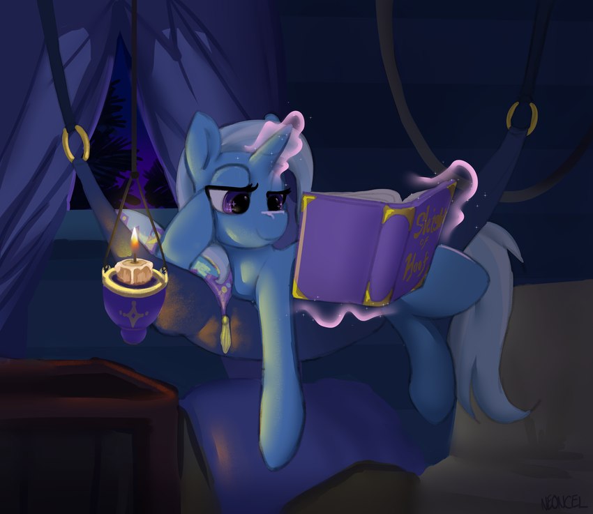 blue_body book candle female feral hair hooves horn lit_candle magic quadruped reading smile solo neoncel friendship_is_magic hasbro my_little_pony mythology trixie_(mlp) equid equine mammal mythological_creature mythological_equine unicorn absurd_res digital_media_(artwork) hi_res