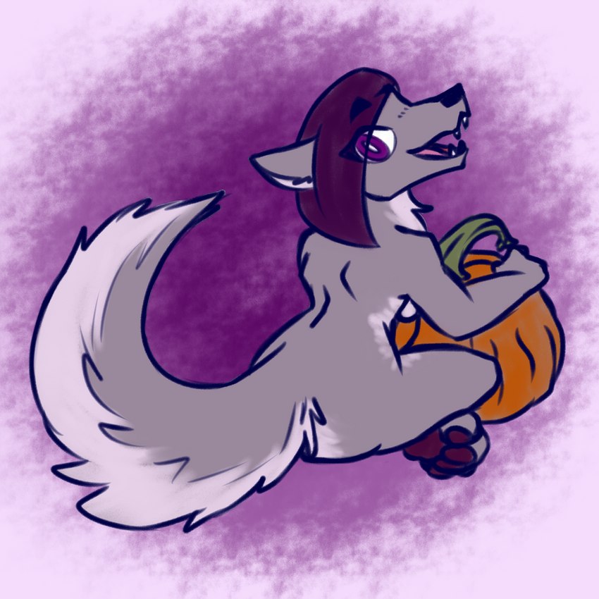 anthro butt female food fruit nude plant pumpkin simple_background solo ravenpen15 faolla_(ravenpen15) canid canine canis mammal wolf 1:1 hi_res