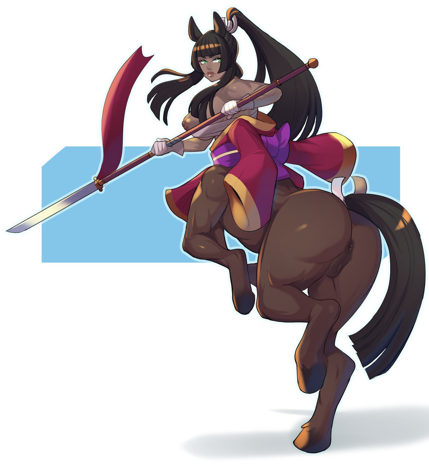 animal_genitalia animal_pussy anus black_hair brown_body brown_fur brown_hair butt equine_genitalia equine_pussy female fur genitals hair holding_object holding_weapon melee_weapon naginata nipples polearm ponytail pussy solo weapon greenmarine european_mythology greek_mythology mythology centaur equid equid_taur humanoid_taur mammal mammal_taur taur absurd_res hi_res