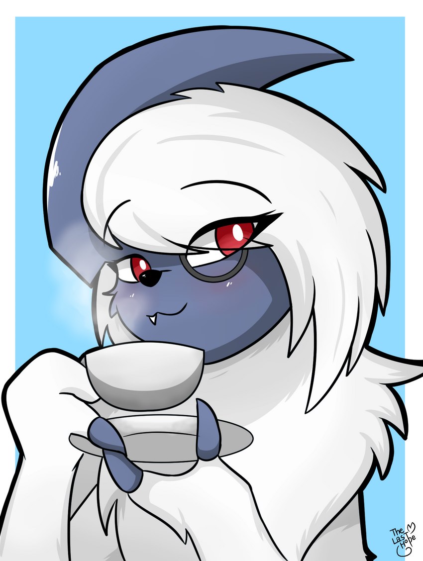 beverage container cup cute_fangs eye_through_hair fangs female feral fur hair holding_object simple_background solo tea tea_cup teeth terribly_british translucent translucent_hair thelasthope nintendo pokemon absol generation_3_pokemon pokemon_(species) digital_media_(artwork) hi_res signature