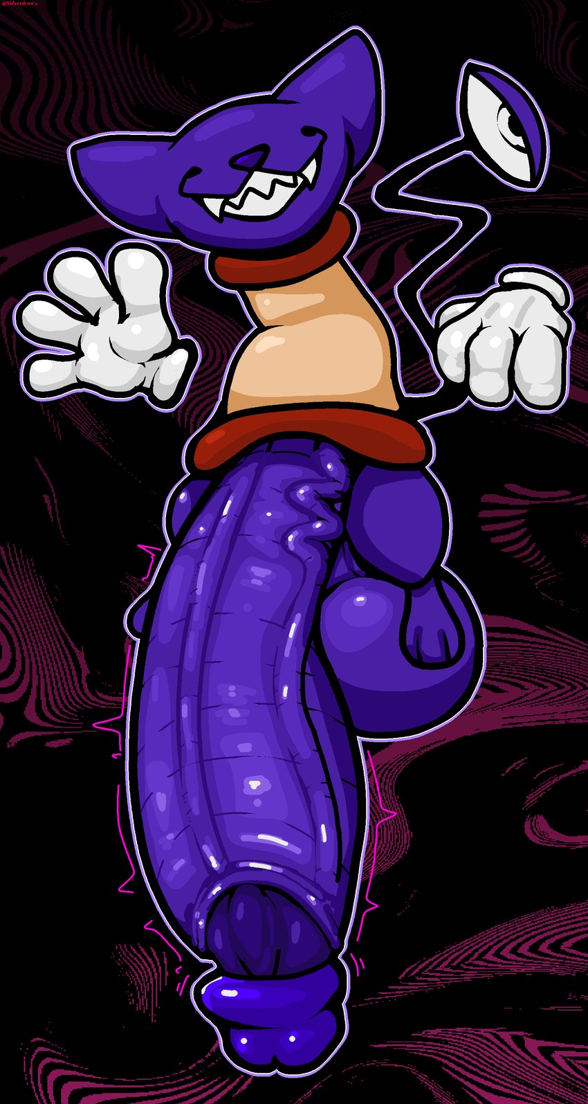 anthro balls big_balls big_penis clothing floating_hands fur genitals glans gloves handwear huge_balls huge_penis hyper hyper_genitalia hyper_penis male penis purple_body purple_ears purple_fur purple_nose purple_penis sharp_teeth smile solo tail_eye teeth throbbing white_clothing white_gloves white_handwear velvetdraw bob_(superiorfoxdafox) alien domestic_cat felid feline felis mammal absurd_res hi_res