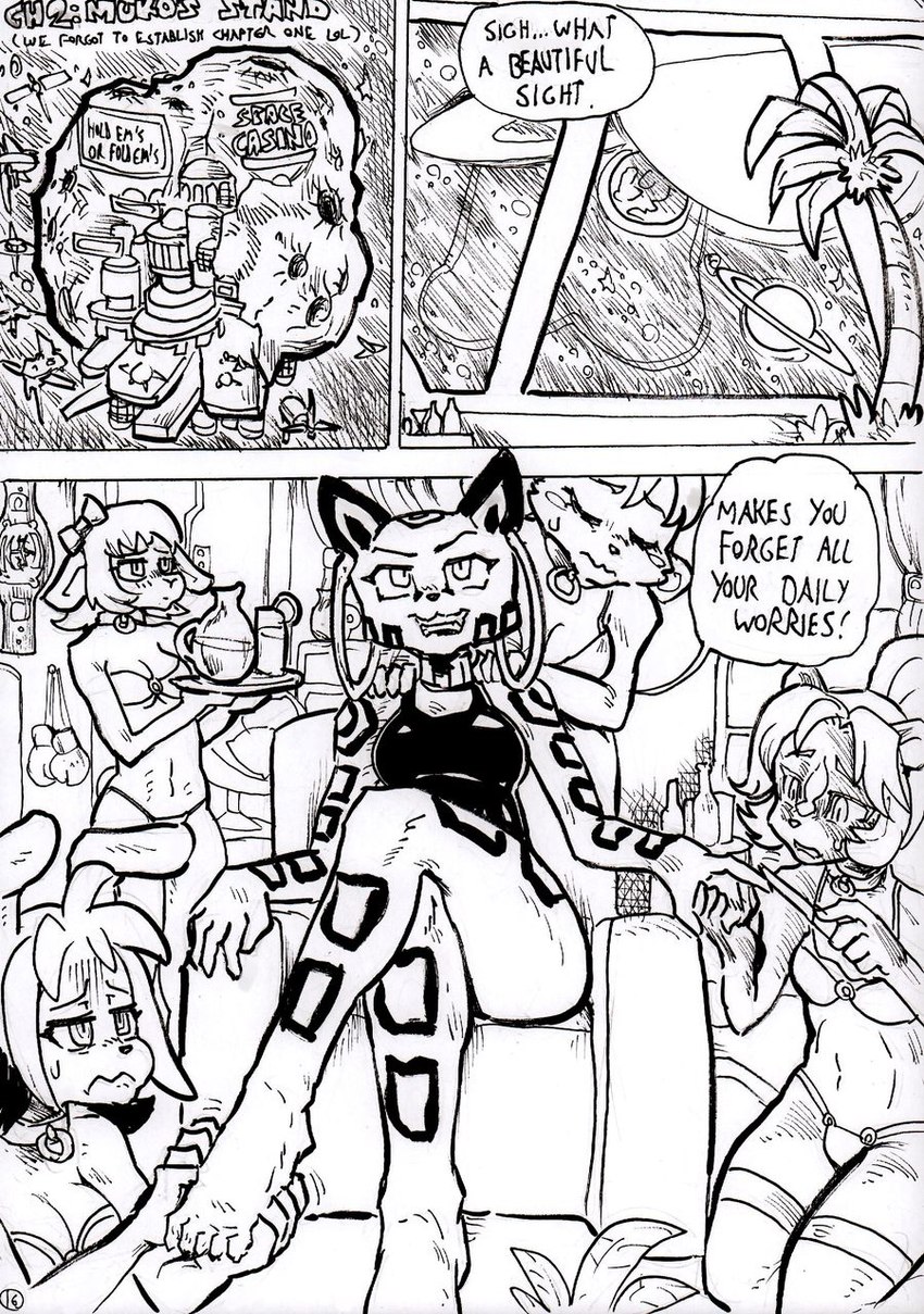 anthro breasts cleavage clothed clothing collar dialogue ear_piercing ear_ring eyes_closed female group manicure midriff piercing ring_piercing text daigaijin furryfight_chronicles nyarai_(furryfight_chronicles) saniko cheetah felid feline lagomorph leporid mammal rabbit comic english_text hi_res