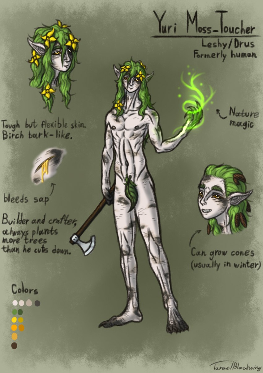 accessory axe flower flower_in_hair green_hair hair hair_accessory holding_object humanoid_pointy_ears leaf leaf_clothing long_hair looking_at_viewer magic magic_user male markings melee_weapon mostly_nude navel nipples plant pointy_ears smile solo spots spotted_body standing text weapon white_body white_skin yellow_eyes taraelblackwing yuri_moss-toucher_(taraelblackwing) dryad elemental_creature elemental_humanoid flora_fauna humanoid leshy plant_humanoid hi_res model_sheet