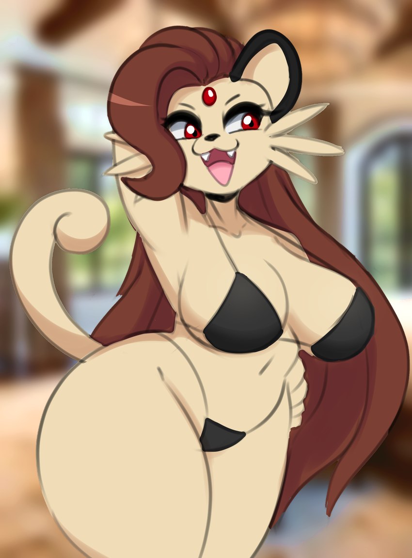 anthro big_breasts bikini breasts brown_hair clothing eyebrows eyelashes fangs female fur hair hand_on_hip open_mouth open_smile red_eyes smile solo swimwear tan_body tan_fur teeth thick_thighs two-piece_swimsuit wide_hips i_am_kat95 nintendo pokemon generation_1_pokemon persian_(pokemon) pokemon_(species) 2024 hi_res