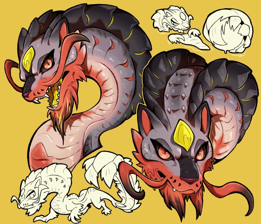 ambiguous_gender black_sclera feral kemono open_mouth quadruped red_eyes sharp_teeth solo tail teeth tongue whiskers yellow_tongue zhang_gun capcom monster_hunter mythology almudron dragon eastern_dragon mythological_creature mythological_scalie scalie hi_res multiple_images