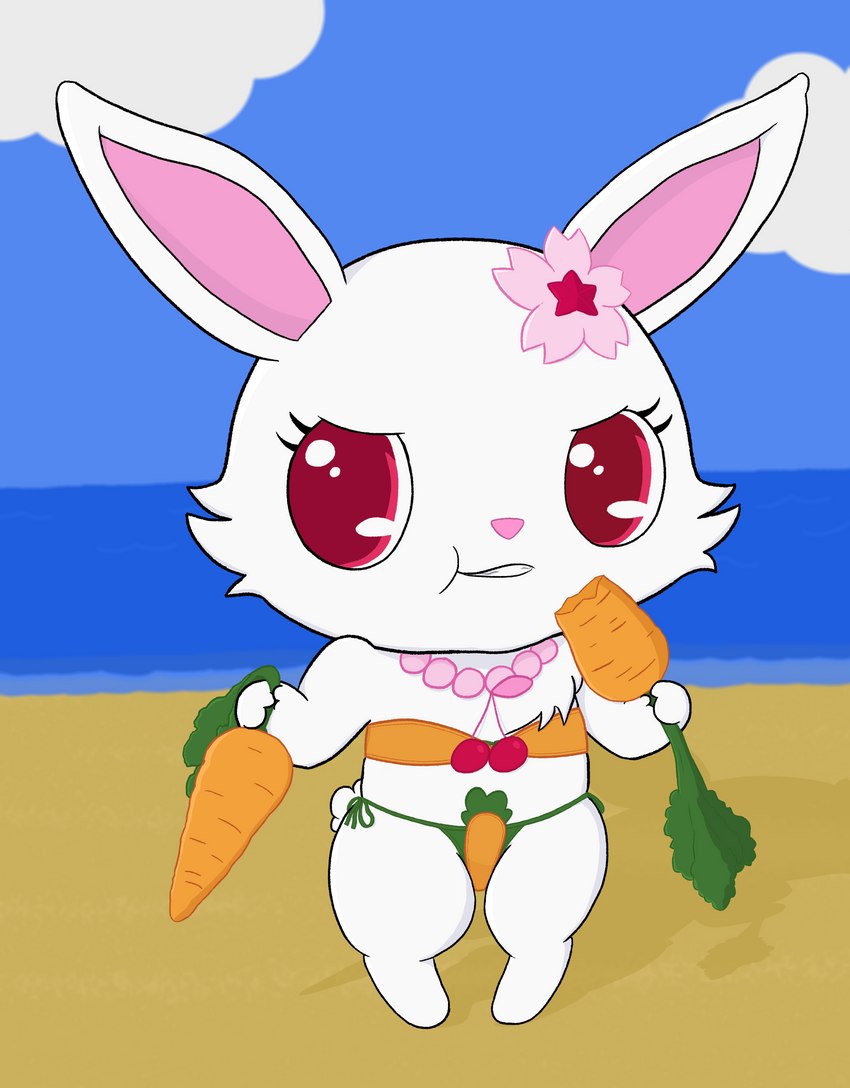 accessory anthro beach bikini carrot cherry cherry_blossom clothing eating eyelashes female flower food fruit fur holding_carrot holding_food holding_object holding_vegetable jewelry necklace plant prunus_(flower) red_eyes scut_tail seaside short_tail side-tie_bikini side-tie_clothing side-tie_swimwear smug solo strapless_bikini strapless_clothing strapless_swimwear string_bikini swimwear tail two-piece_swimsuit vegetable white_body white_fur young masterlinkx jewelpet sanrio sega sega_fave ruby_(jewelpet) hare japanese_hare lagomorph leporid mammal rabbit absurd_res hi_res