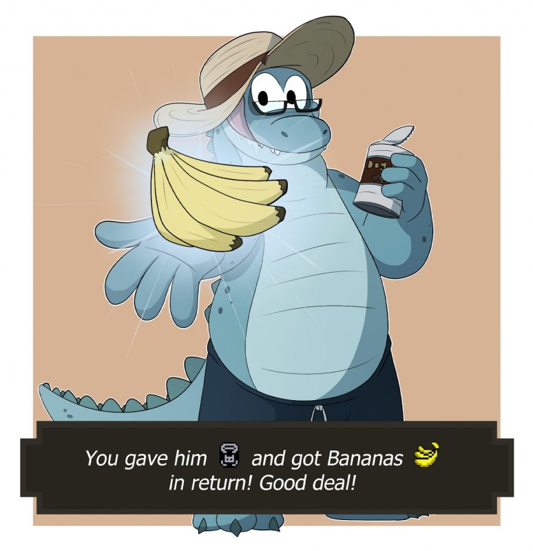 anthro banana bottomwear clothing eyewear food fruit glasses hat headgear headwear male plant shorts simple_background slightly_chubby solo text glassesgator link's_awakening nintendo the_legend_of_zelda sale_(tloz) alligator alligatorid crocodilian reptile scalie 2019 english_text hi_res