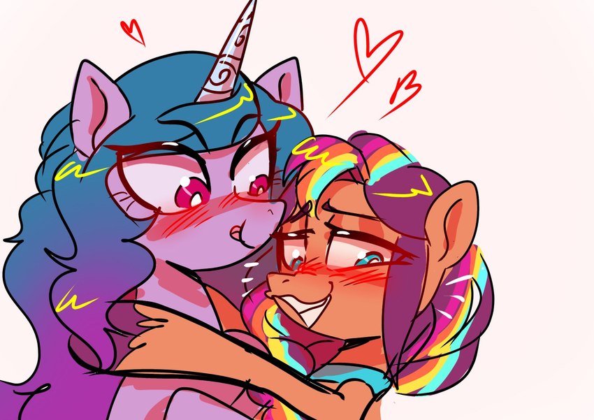 duo female female/female feral gradient_hair hair heart_symbol horn multicolored_hair rainbow_hair red_eyes simple_background teal_eyes tongue tongue_out white_background jully-park hasbro mlp_g5 my_little_pony mythology izzy_moonbow_(mlp) sunny_starscout_(mlp) earth_pony equid equine horse mammal mythological_creature mythological_equine pony unicorn 2023 digital_drawing_(artwork) digital_media_(artwork) hi_res