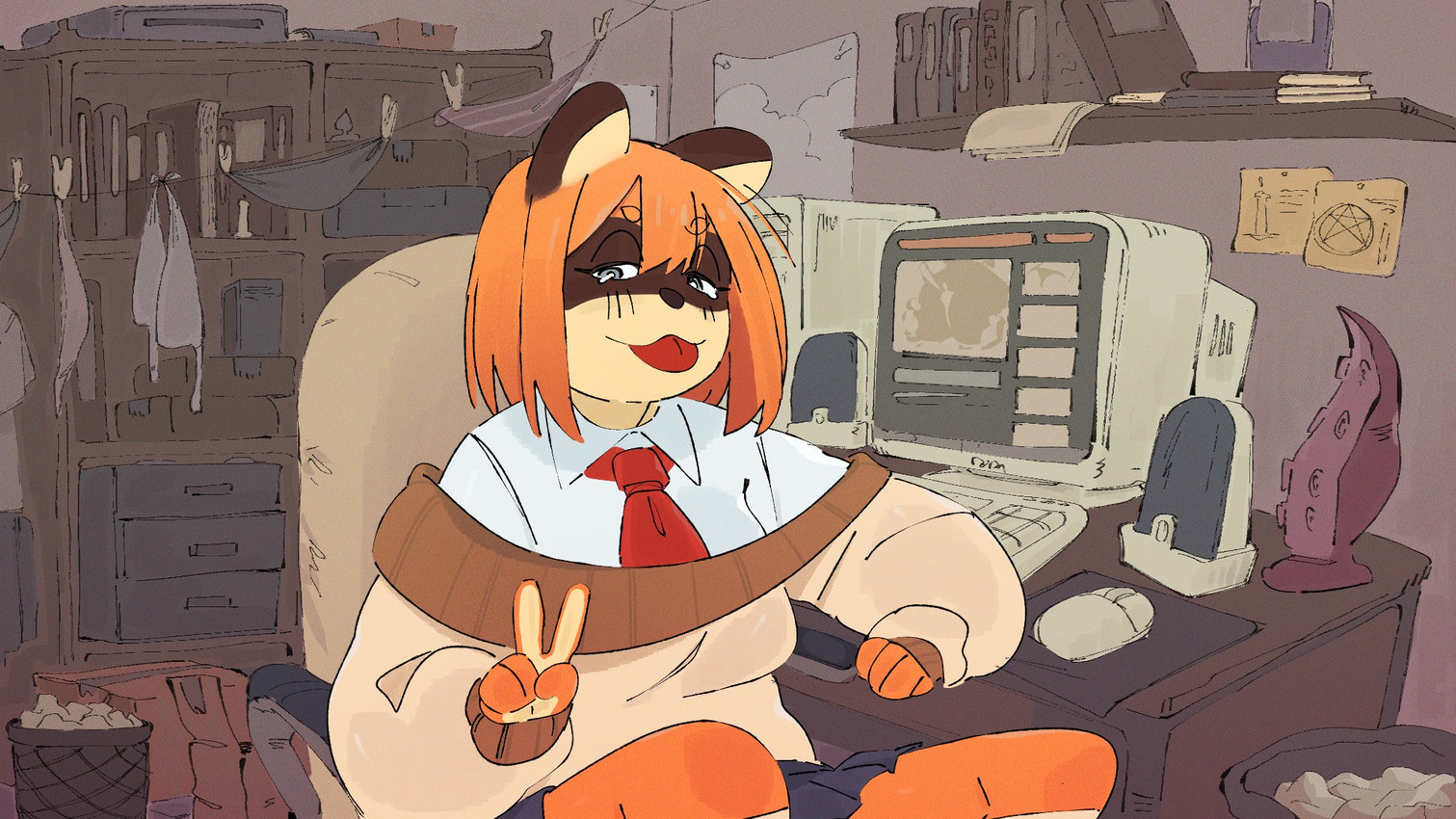 anthro bodily_fluids book breasts butt buttplug candle chair circle_eyebrows clothed clothed_anthro clothed_female clothes_line clothes_pin clothing computer computer_keyboard computer_monitor computer_mouse computer_screen cum desk detailed_background dildo electronics eyebrows facial_markings female female_anthro fingers furniture genital_fluids gesture hair hand_gesture head_markings inside markings mask_(marking) messy_room mousepad multicolored_body necktie occult_symbol office_chair on_chair orange_body orange_eyebrows orange_hair paper pentagram plug_(sex_toy) porn_site pornography red_necktie red_tongue round_ears sex_toy shelf shirt sitting sitting_on_chair solo speaker sweater symbol table tan_body tan_clothing tan_sweater tan_topwear tentacle_dildo tissue tongue tongue_out topwear trash_can v_sign wall_(structure) wall_shelf website white_clothing white_sclera white_shirt white_topwear tanukikis kiki_(tanukikis) canid canine mammal raccoon_dog tanuki 16:9 2025 digital_media_(artwork) hi_res portrait widescreen