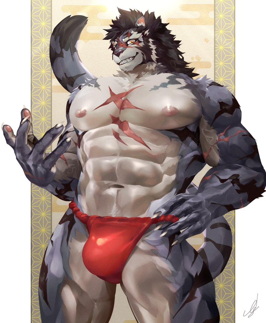 5_fingers anthro biped claws clothing countershade_fur countershade_torso countershading fingers fur male muscular muscular_anthro muscular_male navel nipples pawpads scar solo striped_body striped_fur stripes teeth underwear ig1119 felid feline mammal pantherine tiger absurd_res hi_res