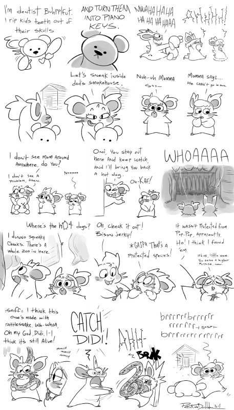 buckteeth dialogue eyewear female glasses group plushie teddy_bear teeth text aquabunny nintendo pokemon didi nini_(abgallery) oni_(aquabunny) generation_1_pokemon nidoran nidoran♀ nidorina pit_viper pokemon_(species) rattlesnake reptile scalie snake viper 4:7 comic english_text hi_res monochrome sibling_(lore) sister_(lore) sisters_(lore)