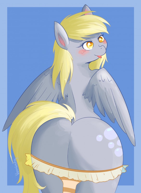 anthro anthrofied blonde_hair blush bubble_butt butt clothed clothing cutie_mark feathered_wings feathers female fur grey_body grey_feathers grey_fur hair long_hair panties panties_down partially_clothed presenting raised_tail rear_view smile solo tail tongue underwear underwear_down wings verminshy friendship_is_magic hasbro my_little_pony mythology derpy_hooves_(mlp) equid equine mammal mythological_creature mythological_equine pegasus absurd_res hi_res